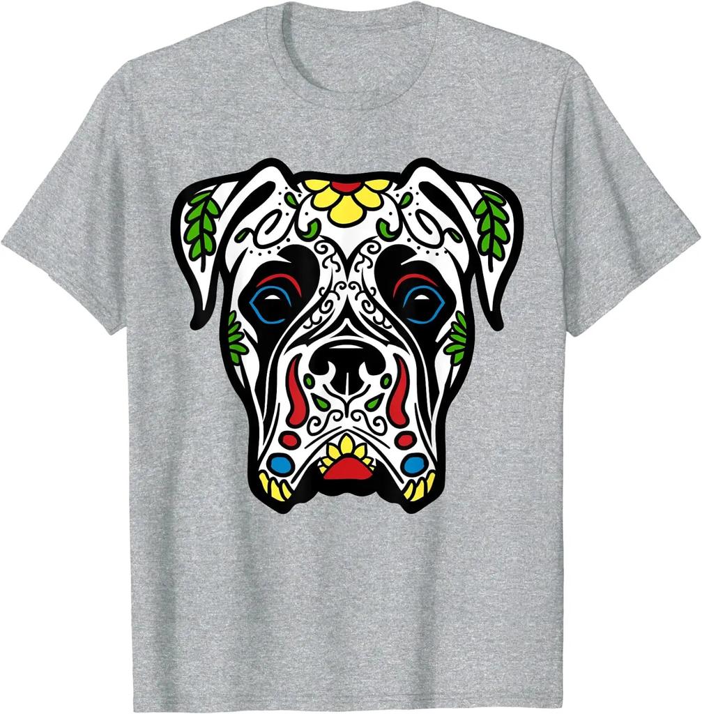 Boxer In White Dead Sugar Skull Dog Gift T-Shirt Casual Short Four Seasons Shirts for Unisex Women Kids Halloween Shirts Mexico