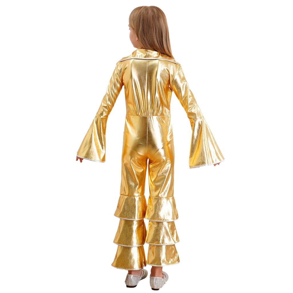 Kids Retro 70s Disco Jumpsuit, Flare Sleeve Ruffle Bodysuit with Bell Bottom Pants, Comfortable Dance Party Cosplay Costume