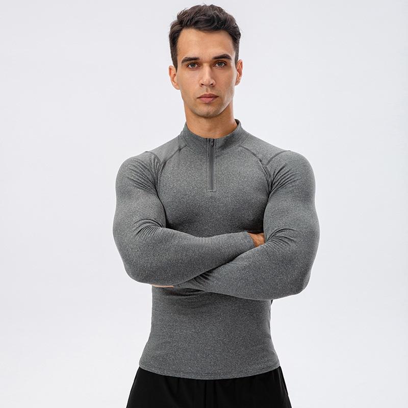 Men's Autumn Winter Fleece Fitness Clothes High Elastic Compression Sports Running Training Long Sleeve Warm Stand Collar Sweatshirt