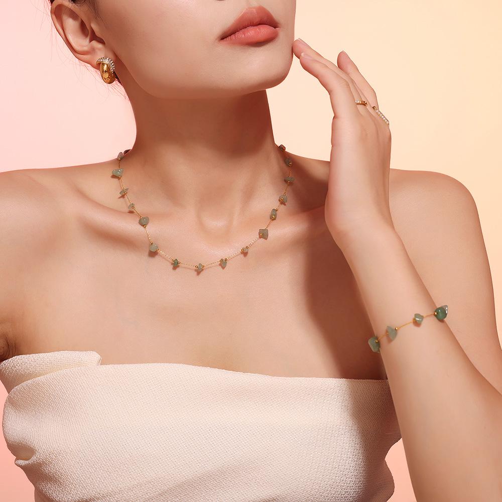 Natural Green Stone & Stainless Steel Collarbone Necklace and Bracelet Set
