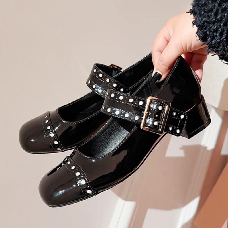 Fashion High Quality Patent Leather Woman Pumps Mary Jane Shoes Japanese Style Lolita Ankle Buckle Square Toe High Heels Zapatos Mujer