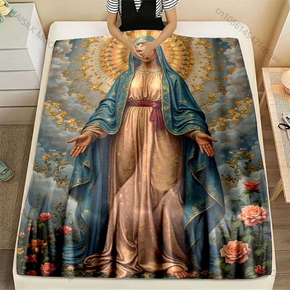 

1PC Virgin Mary with floral halo Print Blanket Warm Soft Fluffy Kids and Adult Sofa Bed Throw Blanket Outdoor Travel Camping RV 75x90cm