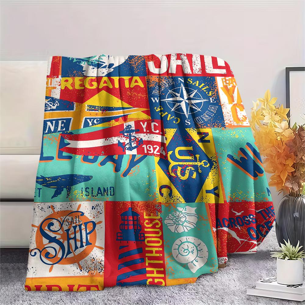 1Pc Nautical Print Flannel Blanket, High quality Comfortable for All Seasons, Home Decor, Warmth and Comfort, Perfect for Christmas Gifts