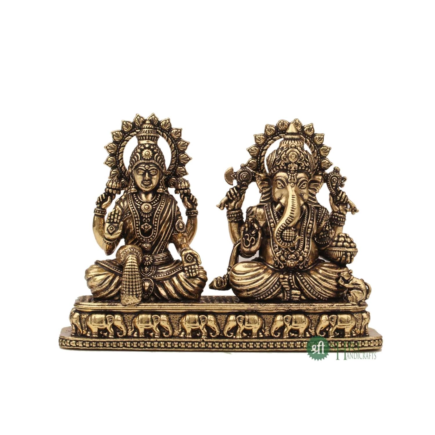 Laxmi Ganesh Idol, Hindu God Statue, Religious Murti, Brass, Gold, Size - Small