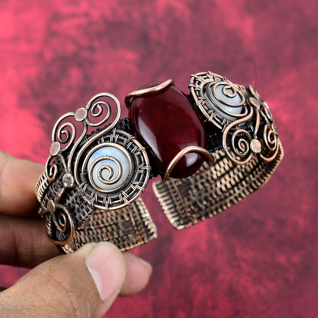 Red Fire Labradorite Bangle Copper Wire Wrapped Gemstone Cuff Bracelet Adjustable Bangle Moonstone Copper Jewelry Handmade Bangle For Gifts