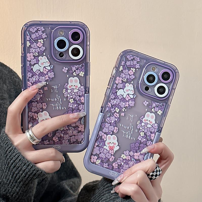 Lovely Purple Flowers Rabbit Stand Holder Case For Iphone 14 Pro Max 13 11 12 14 Plus Bunny Invisible Bracket Phone Cover