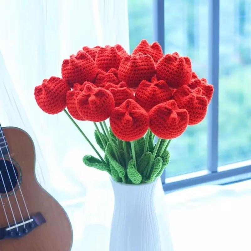 Handmade Crochet Tulip Bouquet Artificial Flower DIY Gift for Mother Teacher BirthdayGraduation Valentine Home Decor Accessories