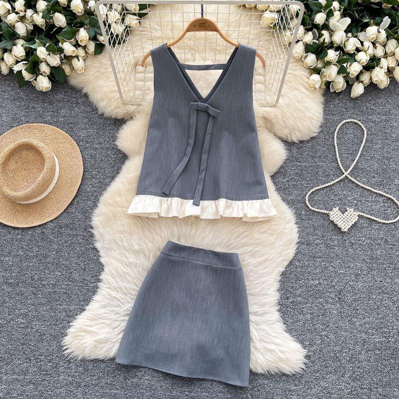 

Online Celebrity Ins Niche Popular High-Grade Sense Summer Clothing Two-piece Set Sleeveless Loose Bow Vest High Waist Skirt Grey S