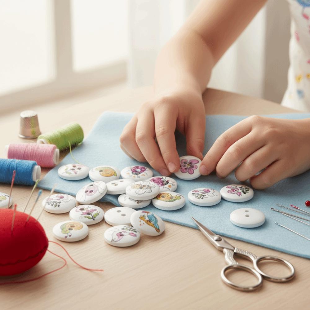 100pcs 0.6 Inch Wooden Buttons 2 Holes Round Buttons Cartoon Decorative Buttons  For DIY Crafts