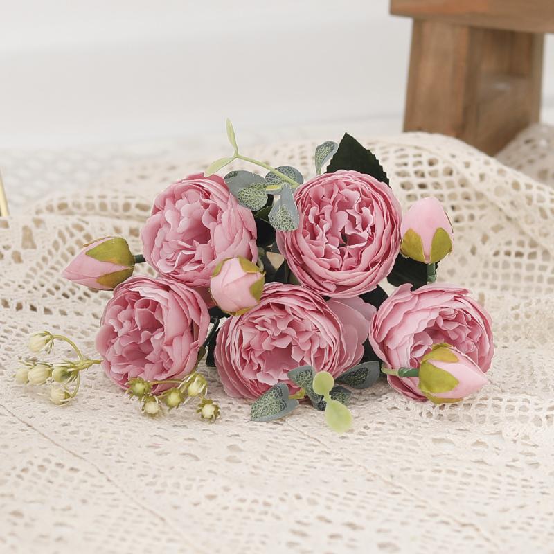 Tenvity Peony Artificial Flowers Silk Rose Bouquet Vase for Home Wedding Garden Decor Fake Plants Christmas Garland Material