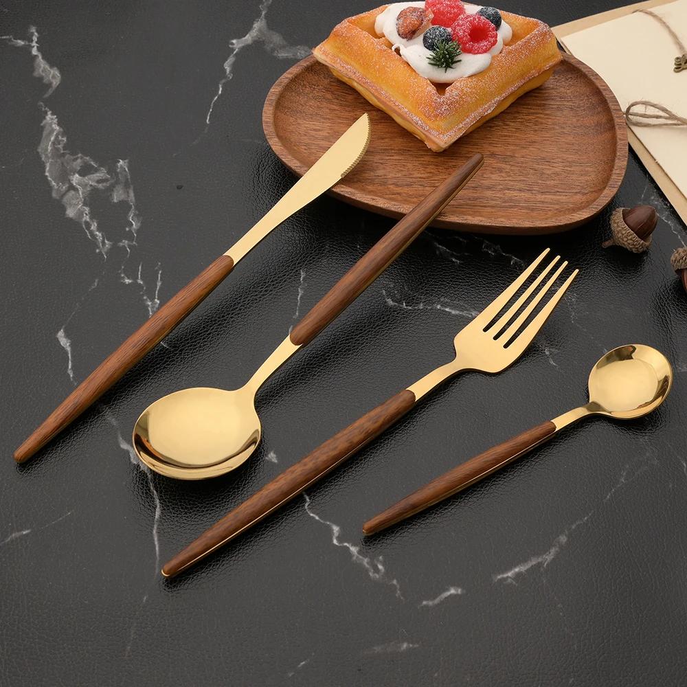 11Pcs Stainless Steel Imitation Wooden Handle Cutlery Set Dinnerware Clamp Western Tableware Knife Fork Tea Spoon Flatware Set