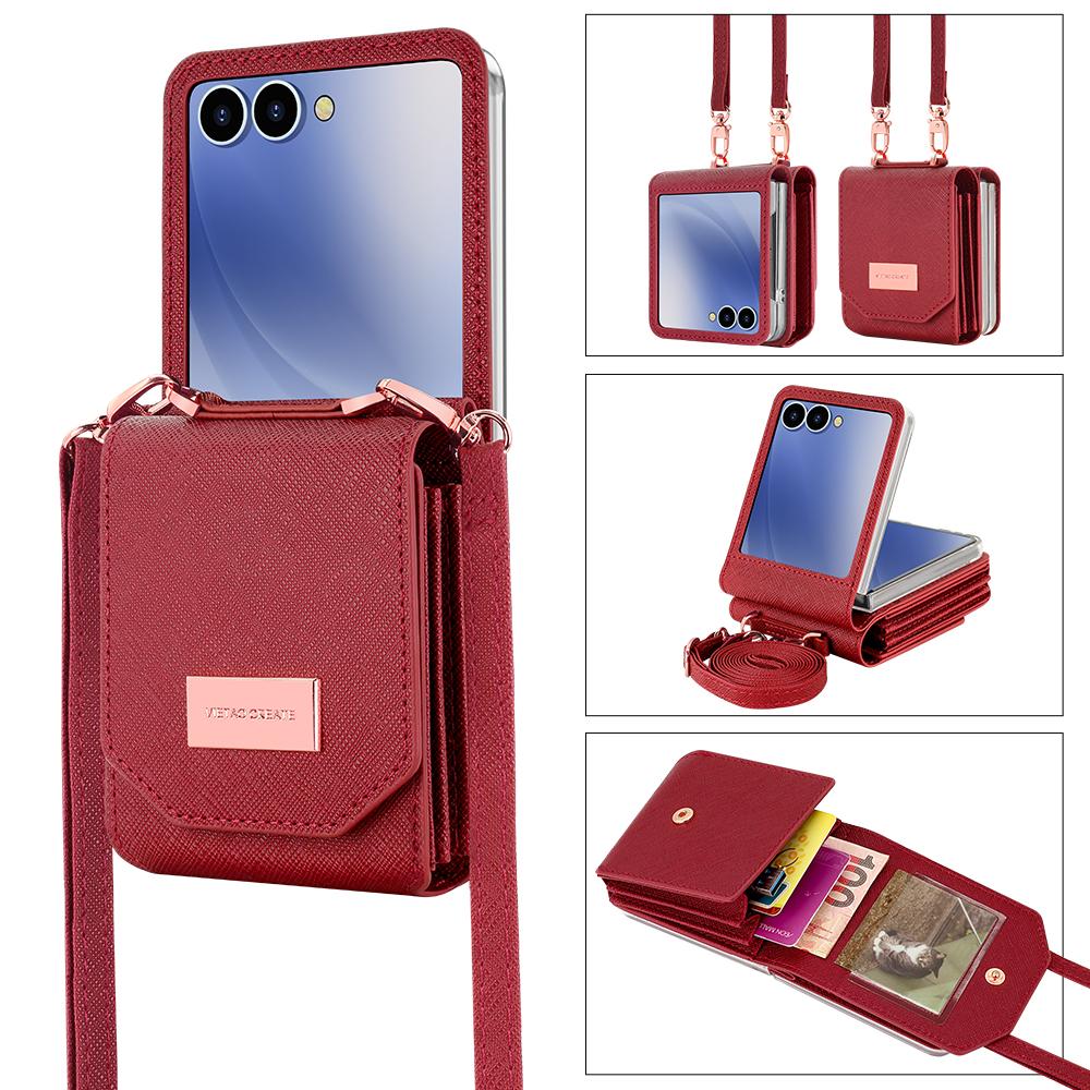 For Samsung Galaxy Z Flip7 5G Case Card Bag Kickstand PU Leather PC Phone Cover with Strap
