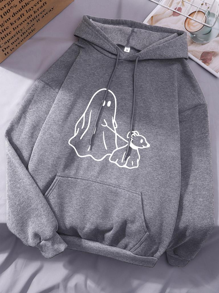 Little Devil Leading Dog Printing Hoodies Women Comfortable Pocket Hooded Winter Fleece Warm Tops Basics Sporty Woman Clothes