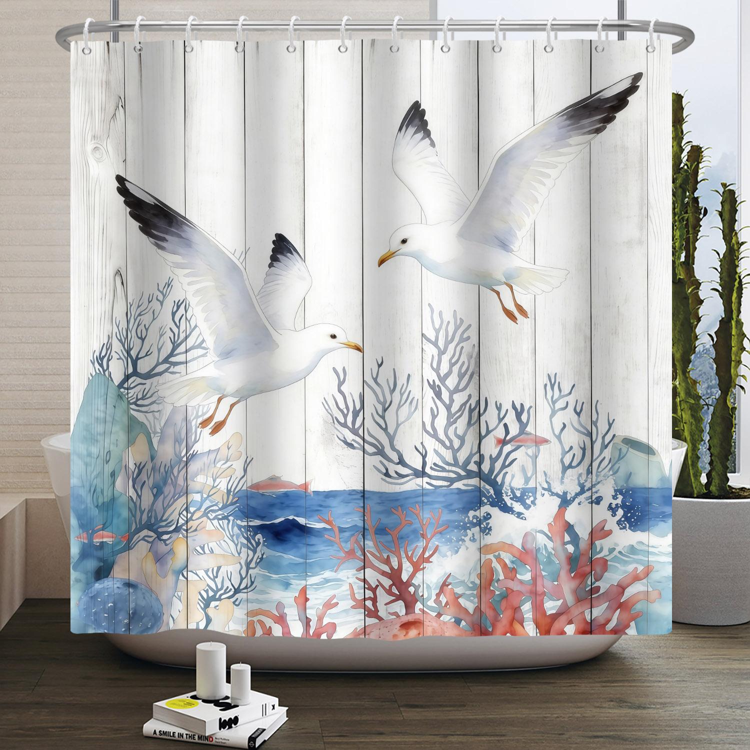 

Watercolor Sea Life American Flag Waterproof Shower Curtain Marine Theme Children Bathroom Decor Curtain Waterproof With Hook W60H190(CM)-1 Pcs