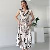 2024 Summer V-Neck Sleeveless Women's Waist-Tie Print Long Dress