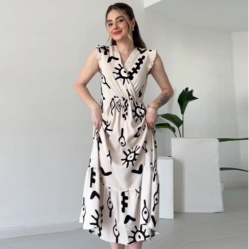 2024 Summer V-Neck Sleeveless Women's Waist-Tie Print Long Dress