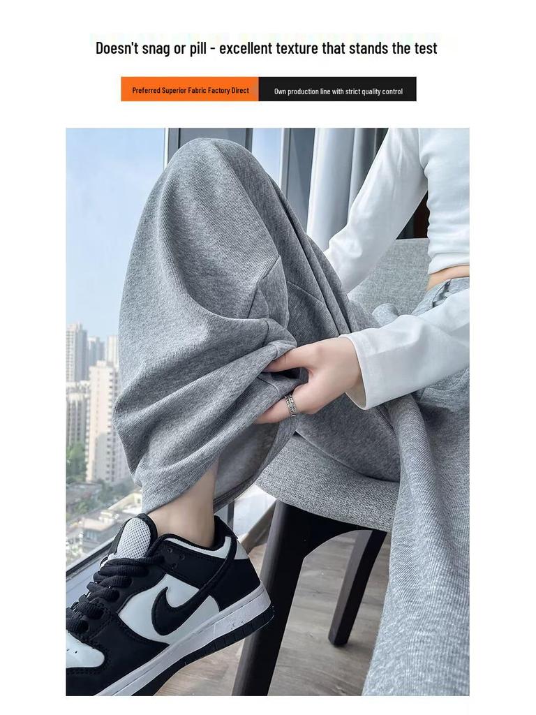 Women's Gray High-Waisted Wide-Leg Sweatpants - Casual Drawstring Fit for Autumn and Winter
