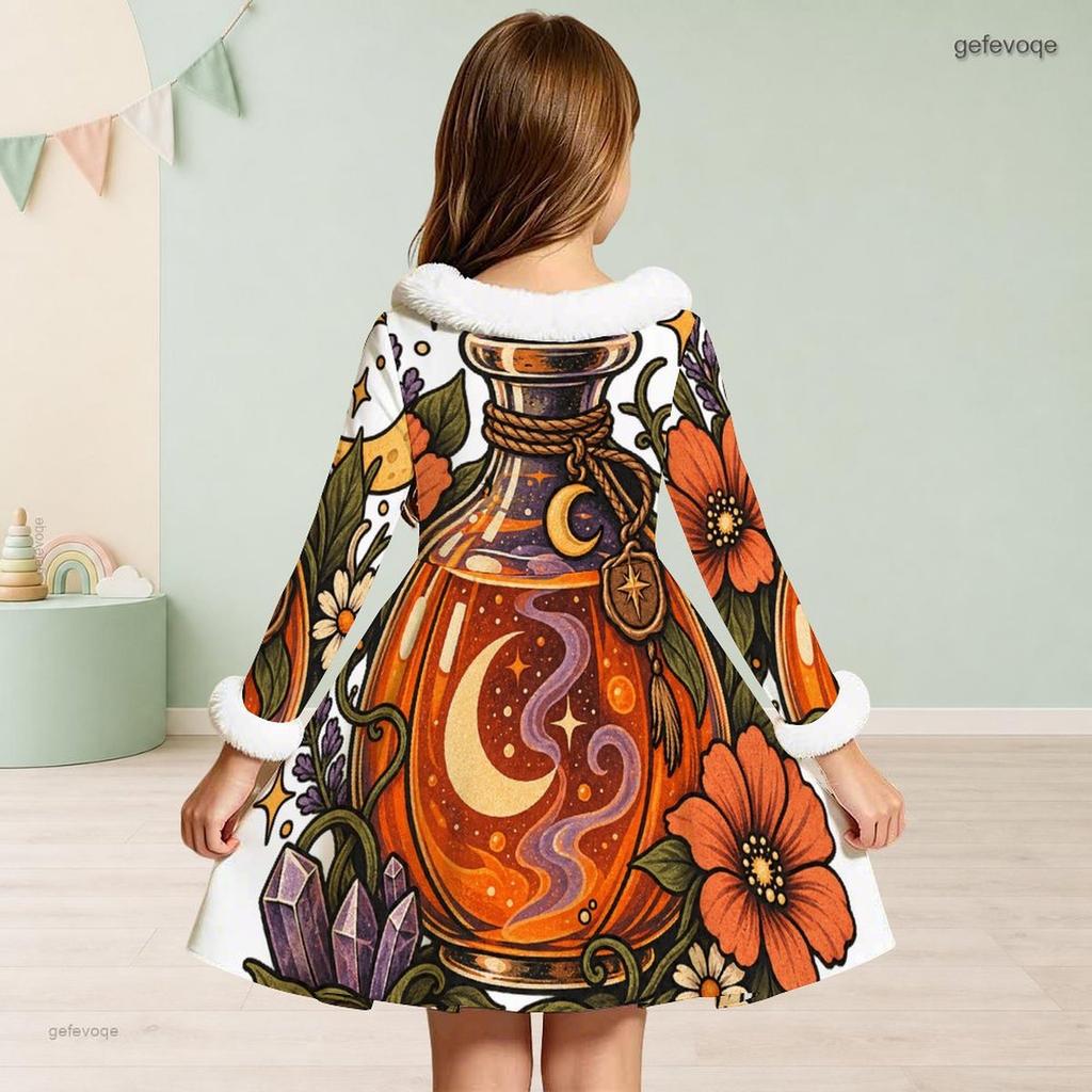 Girls High Neck Furry Trim Long Sleeve Halloween Tiger Printed A Line Flared Dress