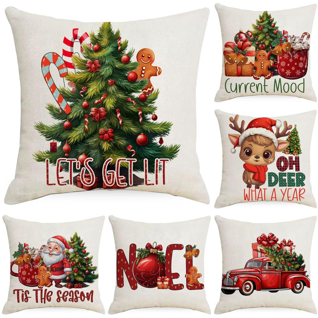 Christmas Tree Santa Claus Gift Series Linen Pillowcase Cushion Cover