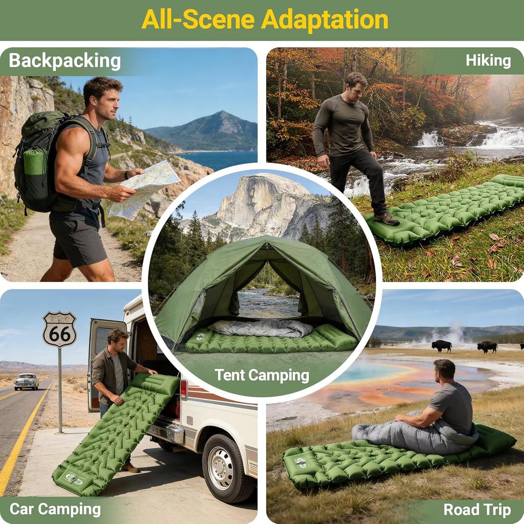 Camping Sleeping Pad, Backpacking Sleeping Pad With Built-In Pillow And Foot Pump, 4in Thick Compact Inflatable Camping Air Mattress For Hiking