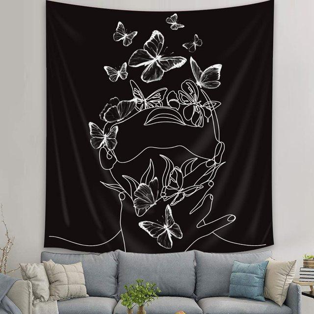 Abstract Woman Tapestry Aesthetic Boho Home Decor Butterfly Fabric Wall Hanging Modern Flower Plant Bedroom Office Decoration