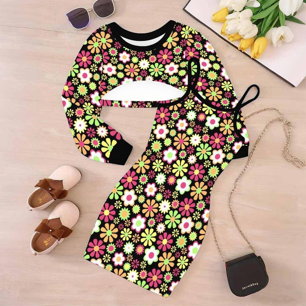 Girls Cartoon 2 Piece Outfits, Long Sleeve Crop Top + Spaghetti Strap Bodycon Dress, Colorful Retro Floral Print Party Dress Set