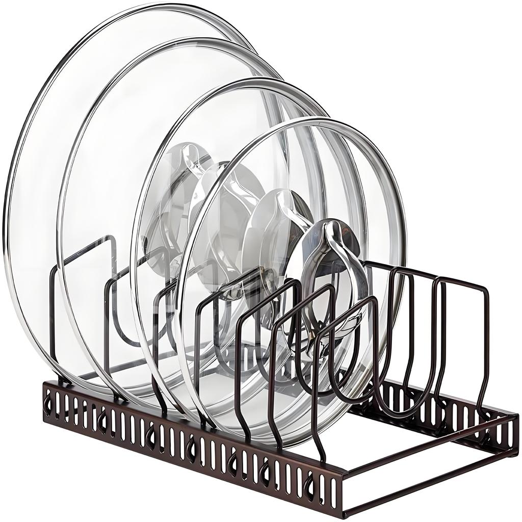 7-Slot Pot Lid Organizer Rack | Adjustable Cabinet & Countertop Storage | Natural Wood Bakeware Holder for Neat Kitchens