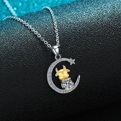 S925 Silber Stern Mond Stier Halskette Guochao Elektrische Farbtrennung Niedlicher Mond Kalb Anhänger Stern Mond Schlüsselbein Kette