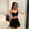 Korean bikini steel tray gathered chest high waist skirt bikini three-piece set split hot spring women