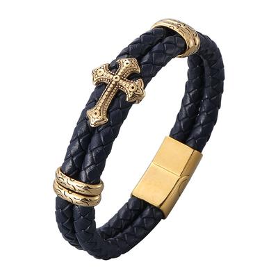 Bracelet de luxe classique en acier inoxydable et cuir pour homme, idéal pour Noël