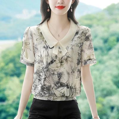 High-end Short-sleeved Chiffon Shirt New Summer Style Patchwork Floral Top for Women Loose and Stylish Shirt