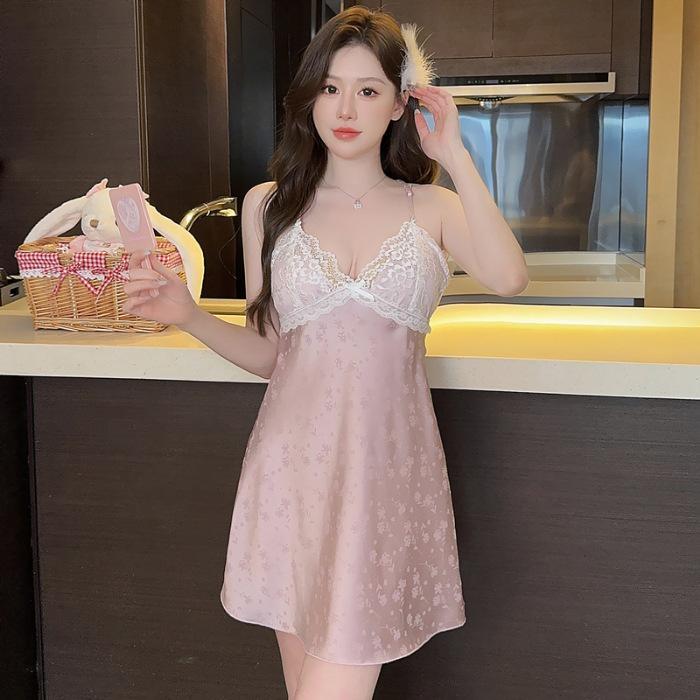 Sexy pajamas women's ice silk jacquard suspender nightdress two-piece set with chest pad lace pure desire style beautiful back loungewear