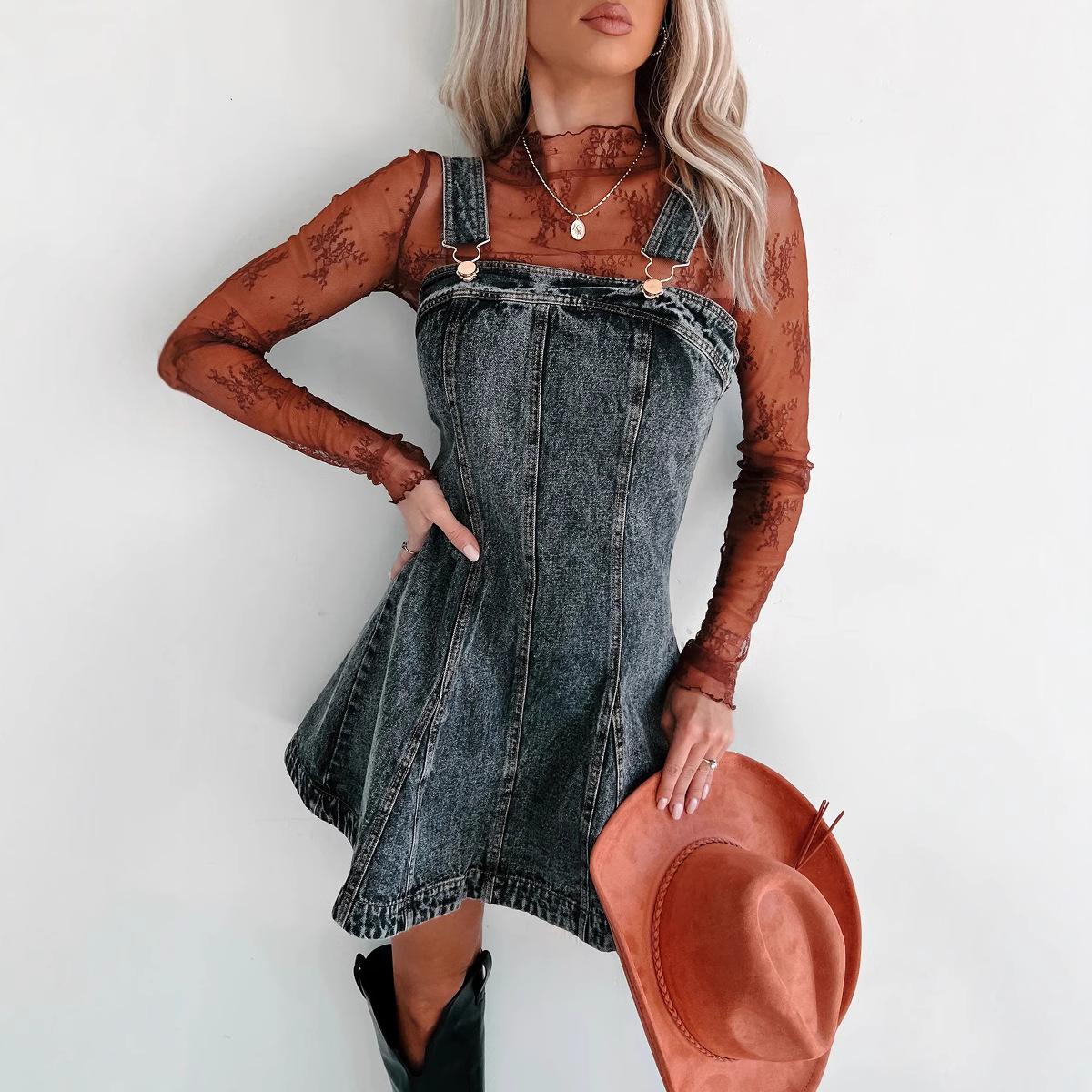 

IHUASU Street Hipster Slimming Fashion All-in-one Denim Halter Tank Dress XL чорний