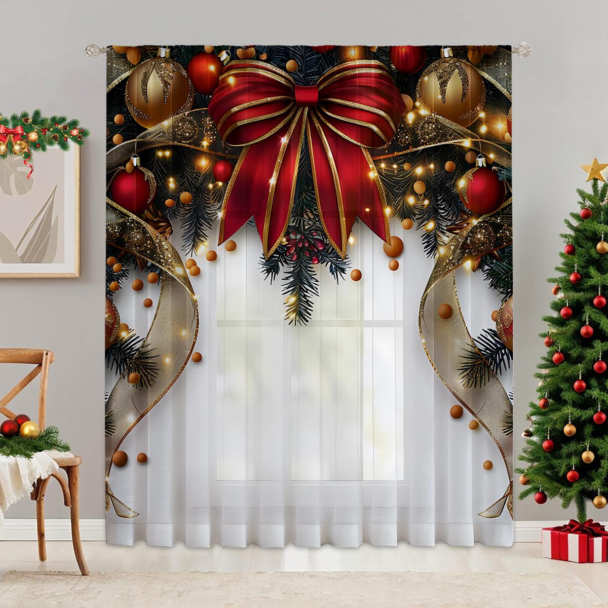 

Red Bow Christmas Themed Printed Curtain Lightweight Breathable Polyester Material Design Convenient Decoration Suitable Living Room Bedroom Dining W100*H70(CM)-Hooks&2PCS