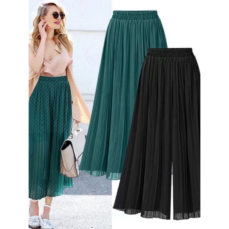 Plus Size Women's Autumn New Chubby Girl Elastic Waist Navy Blue Pleated Loose Wide Leg Cropped Culottes Fashion Fashion