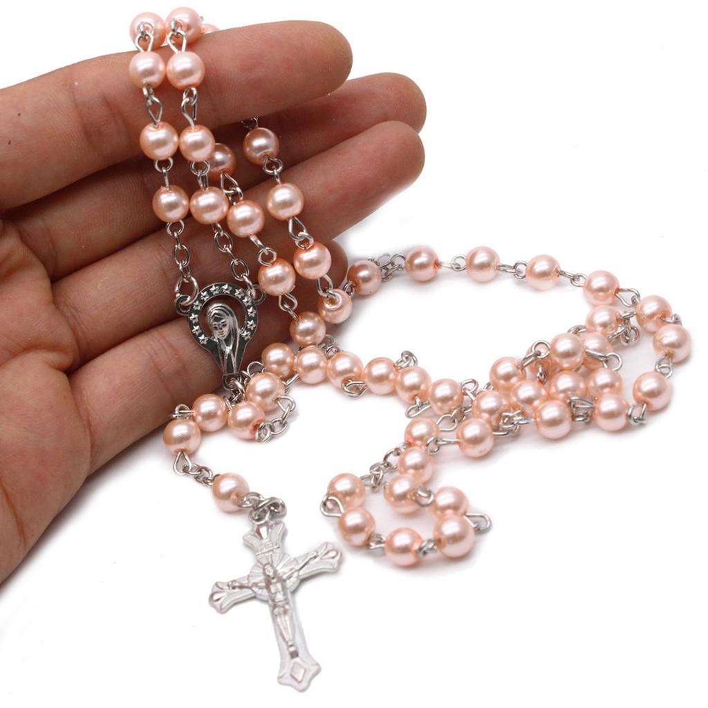Pink Pearl Cross Rosary Necklaces Bead Hangable Pendant Charm for Women Men Praying Meditation Gift Supplies
