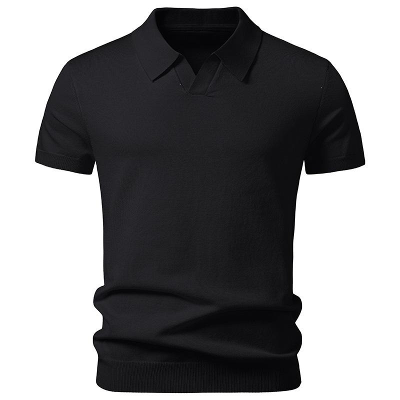 Mens Solid Gray Knit Short Sleeve V-Neck Polo Shirt