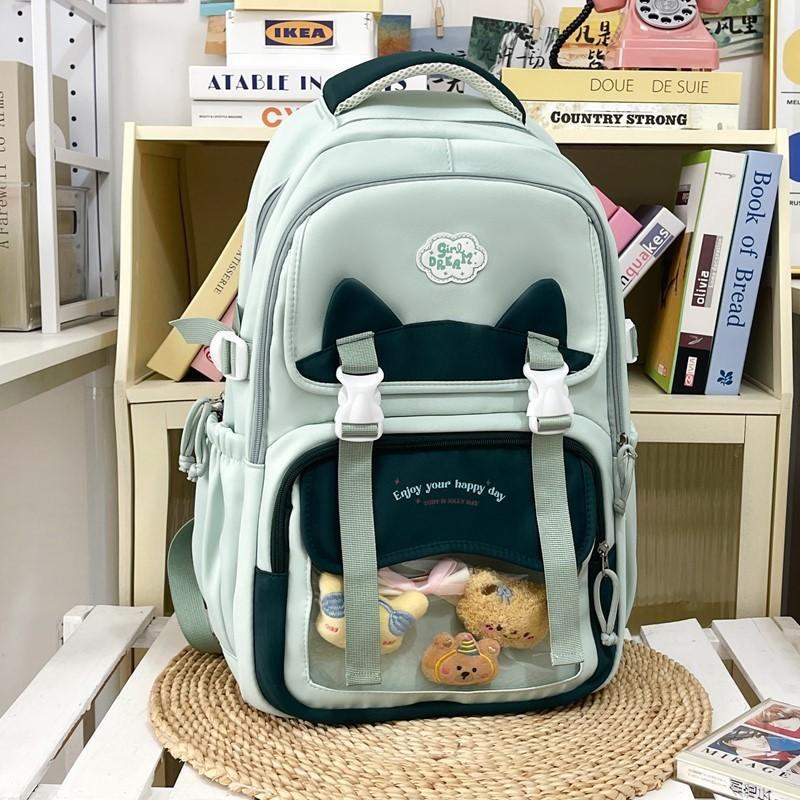 Lightweight Nylon Backpack With Dual Compartments And Color Block Accents