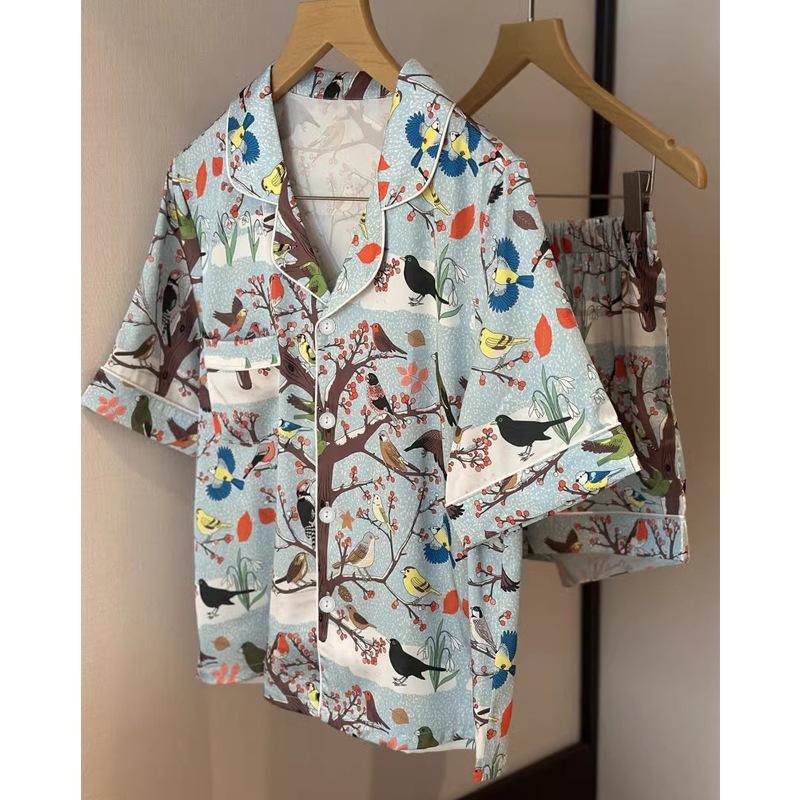 Pastoral Printed Pajamas Women'S Spring And Summer Loungewear Cardigan Short-Sleeved Casual Two-Piece Set