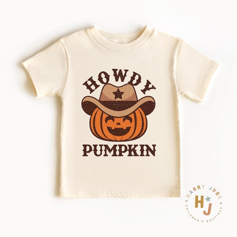 Howdy Pumpkin Halloween Tee: Retro Cowboy Jack-o -Lantern Kids Shirt 130