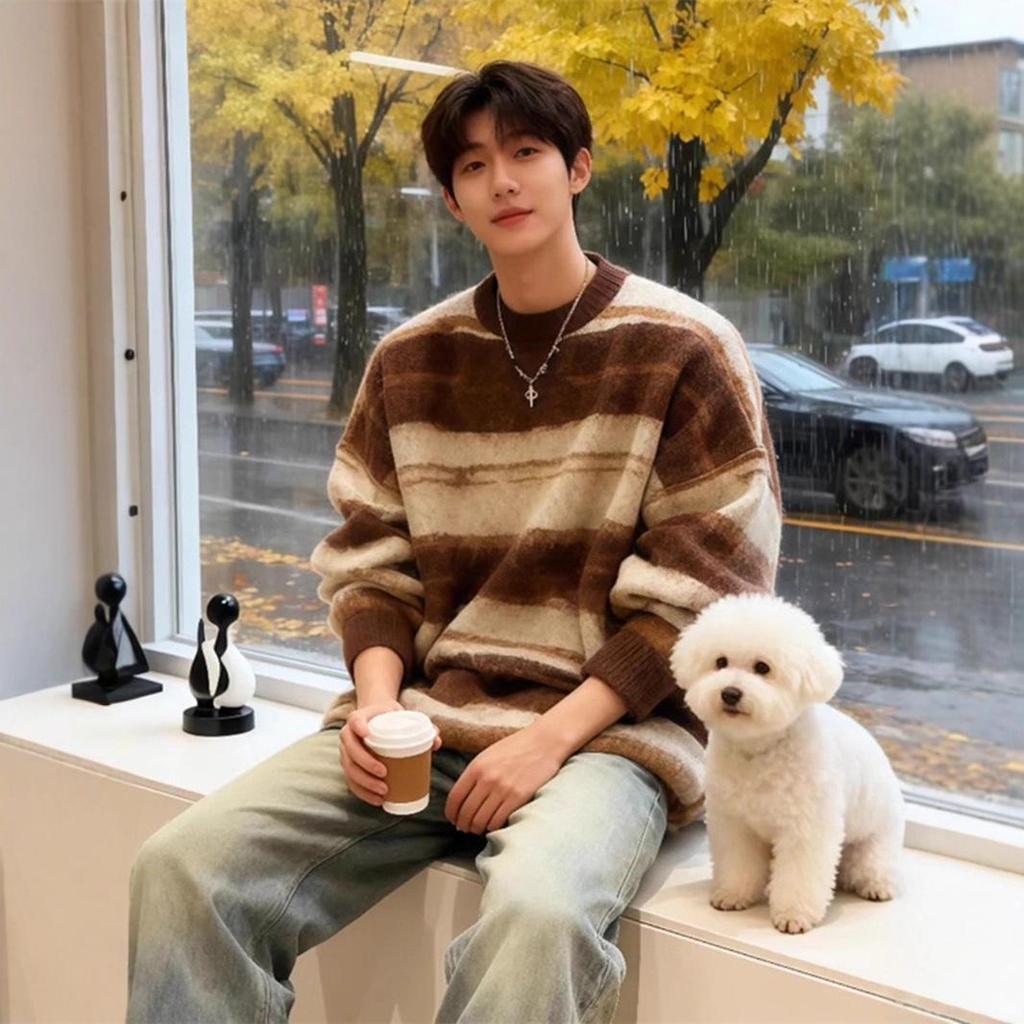 Men's Retro Color Block Mohair Crew Neck Sweater - Winter Trendy, Lazy Style Knitwear for Couples