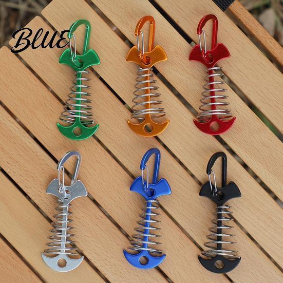 Aluminum Alloy Deck Pegs Spring-Loaded Fish Bone Tent Peg Stake with Portable Accessories Carabiner Windproof Rope Buckle for Outdoor Camping Fixing