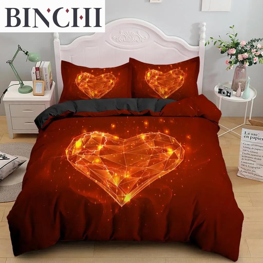 3D Povlak na přikrývku Srdce Lásky Mikrovlákno Luxusní Romantické Téma Ložní Sada King Queen Pro Pár Valentýn Dekorace Ložnice