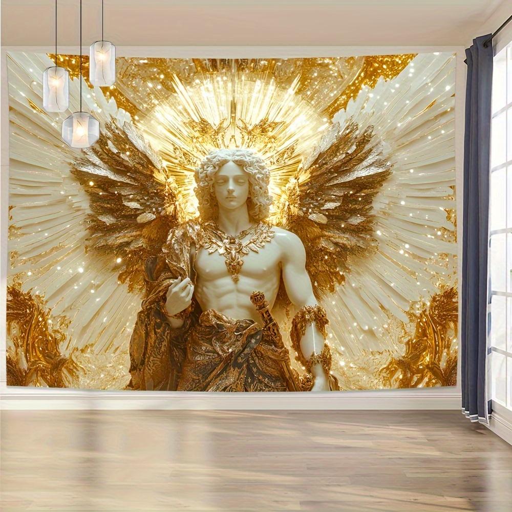 Luxurious Saint Michael Angel Golden  White Tapestry  Intricate Heavenly Design with Radiant Stars HighQuality Polyester Fab