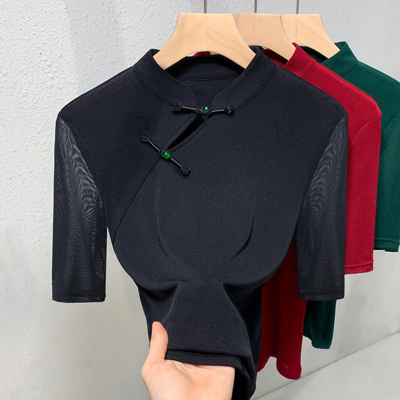 

Chinese Style Mesh Short-sleeved T-shirt for Womens Latest Autumn Latest Chinese Style Folding Top Stand Collar Mid-sleeved Temperament Base Blouse 3XL чорний