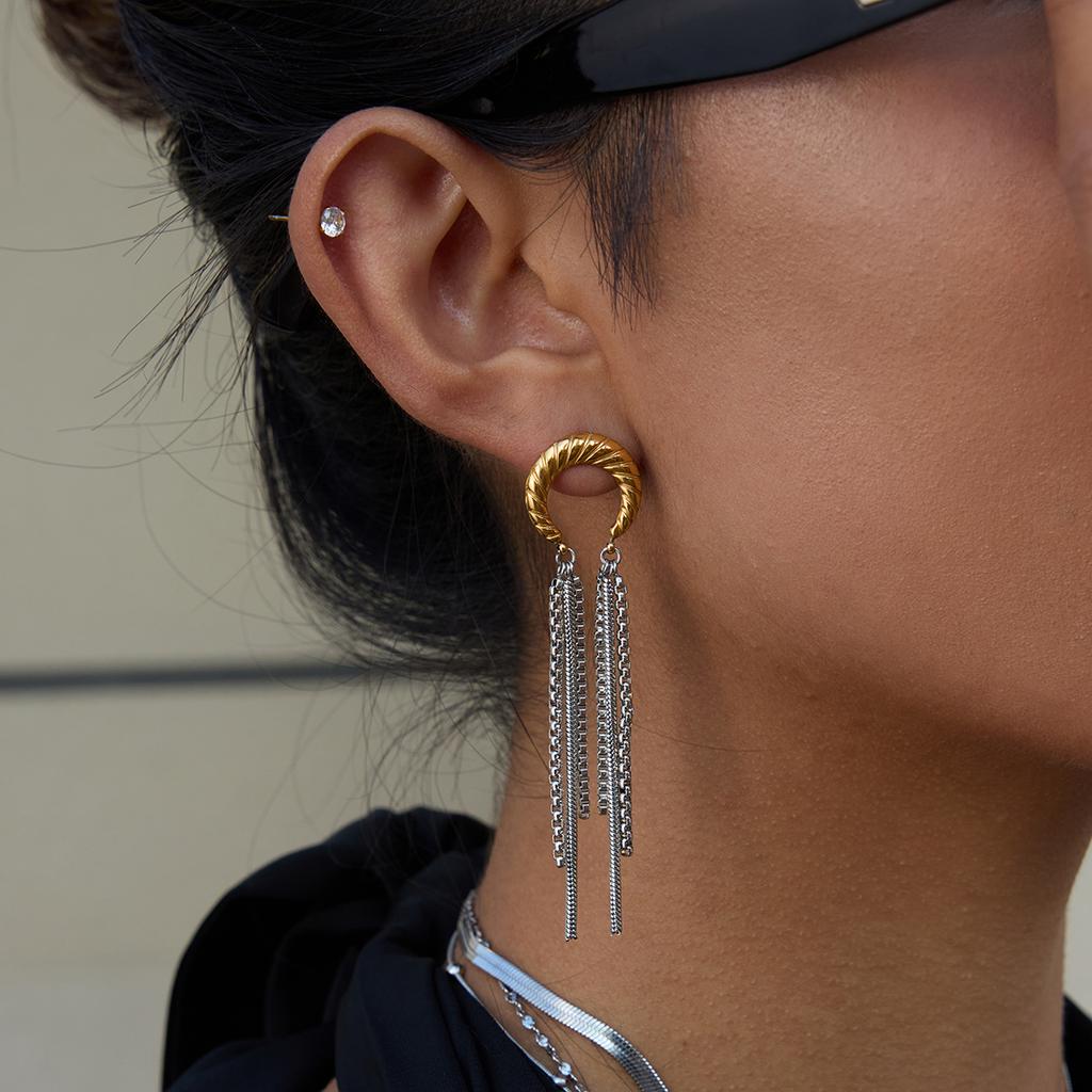 Yori Gold Silver Color Blocked Threaded Moon Tassel Stud Earrings for Women Elegant Chic Attractive Jewelry Prevent Allergy Gift