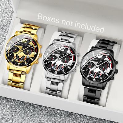 3PCs/Set Men's Quartz Watch Set Fashion Steel Belt Business Sports Calendar Casual Simple Men's Watch Gift for Men