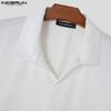 INCERUN Men Stand Collar V Neck Short Sleeve T-Shirts Pinstripe Summer Tee Tops