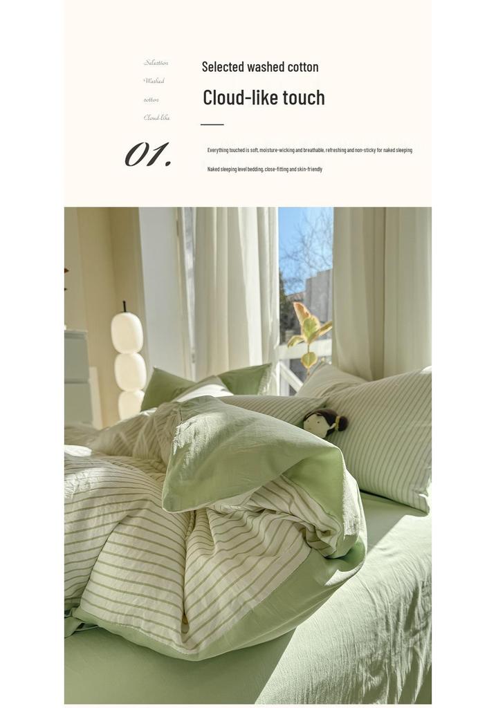 Ins Style Cotton Brushed Stripe Bedding Set: Skin-Friendly Bed Sheet, Duvet Cover, and Bed Skirt for Student Dorms