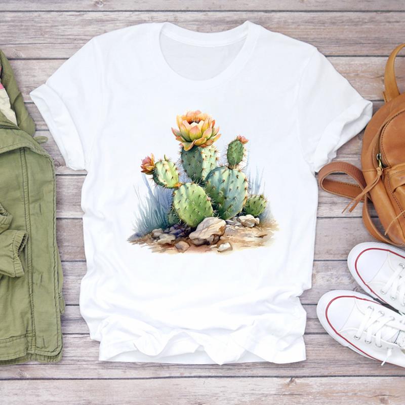 (European Size) 90s Tee Top Clothing Flower Watercolor Trend Cute Casual Short Sleeve Fashion T-shirt Women Print Lady Female Graphic T-shirt